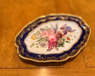 Cobalt and gold floral porcelain plate