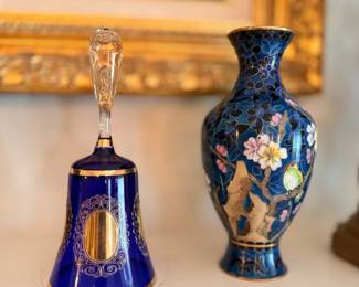 Cobalt and gold glass bell and Asian vase