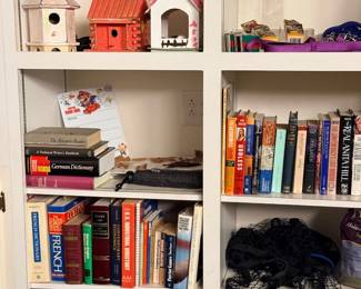 Bookshelf with books and birdhouses