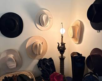 Corner display of hats and lamp