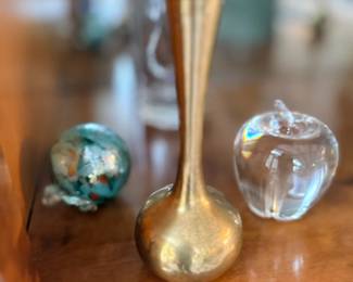 Brass bud vase and glass apple paperweight