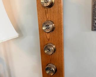 Wood wall coat rack with brass hooks