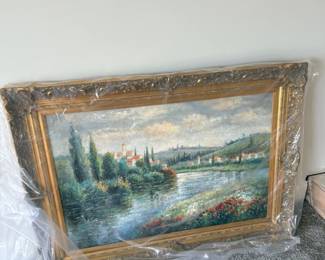 Framed European lakeside landscape painting