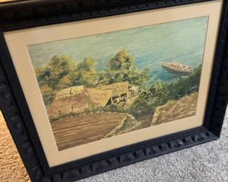Framed river landscape painting