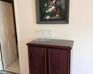 Wood tambour cabinet with floral art