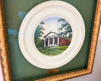 Framed collector plate with building scene