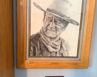 Framed John Wayne portrait drawing