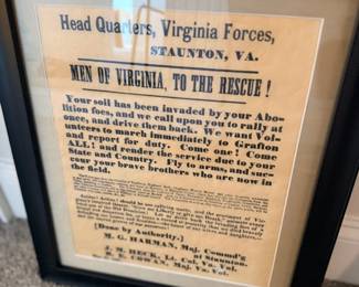 Framed Civil War Virginia recruitment broadside