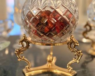 Cut crystal rose bowl on gold stand
