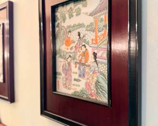 Framed Chinese silk garden scene