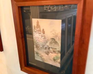 Framed Asian watercolor landscape