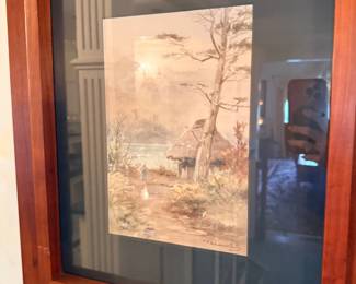 Framed watercolor landscape painting