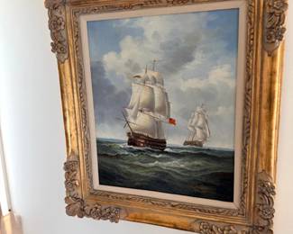 Framed nautical ship oil painting
