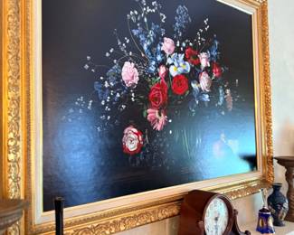 Framed floral still life oil painting in gilt frame