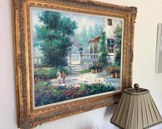 Framed garden cottage oil painting