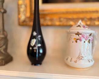 Black bud vase and decorative lidded jar