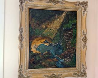 Framed waterfall landscape oil painting