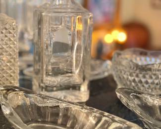Crystal decanter and glass dishes