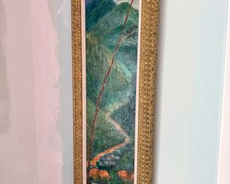 Framed vertical Asian landscape painting