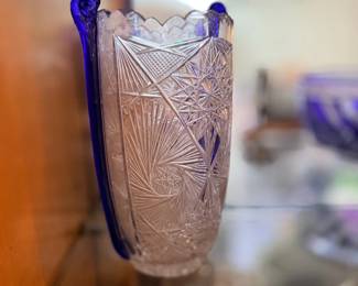 Cut crystal vase with cobalt accents