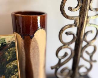 Brass candlestick and drip-glaze pottery