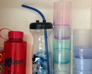 Water bottles and plastic tumblers