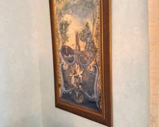 Framed art print and blue and white vase