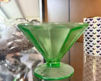 Green Depression glass compote