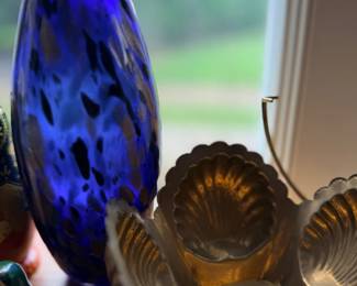 Cobalt blue art glass vase and brass dish