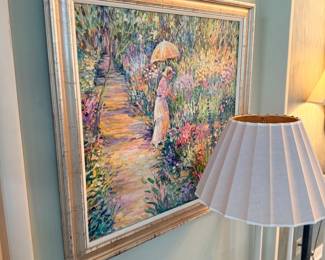 Framed impressionist garden painting with parasol
