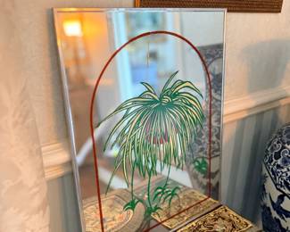 Framed Asian painted glass panel art