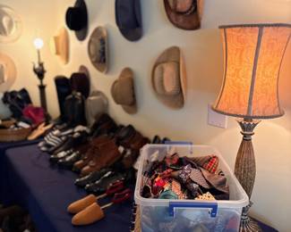 Collection of hats, shoes and lamp