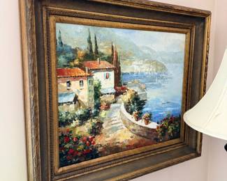 Framed Mediterranean coastal oil painting