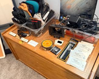 Wood trunk with electronics and collectibles