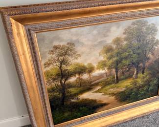 Framed pastoral landscape oil painting