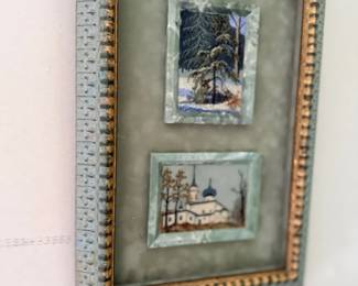 Framed double winter village paintings