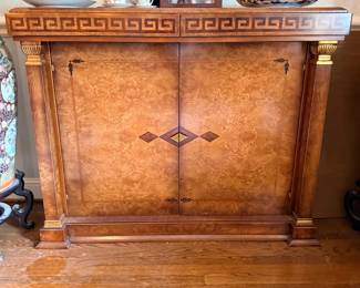 Burlwood sideboard cabinet with Greek key trim