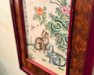 Framed Chinese painting with cats and flowers