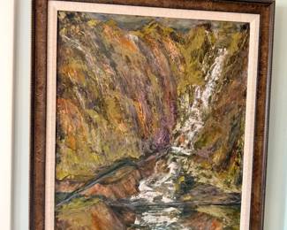 Framed waterfall landscape oil painting