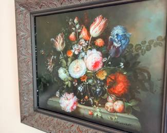 Framed floral still life oil painting
