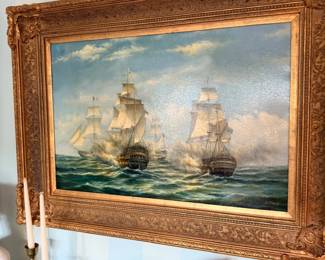 Framed nautical ship oil painting, gilt frame