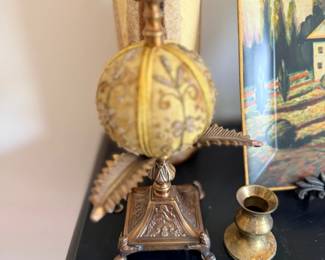 Ornate brass candle holder and urn