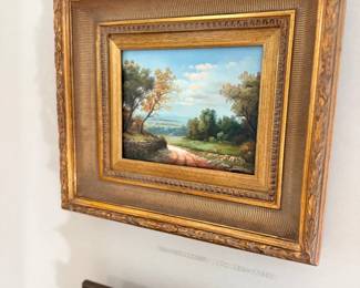 Framed pastoral landscape oil painting