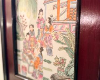 Framed Chinese courtyard figures painting