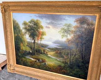 Framed landscape oil painting, gilt frame