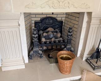 Cast iron fireplace insert and foo dogs