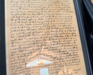 Framed antique handwritten letter