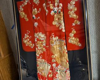 Framed Japanese silk kimono in shadowbox