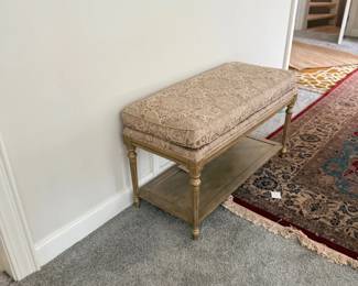 Upholstered storage bench with shelf