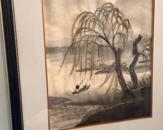 Framed Asian willow tree watercolor